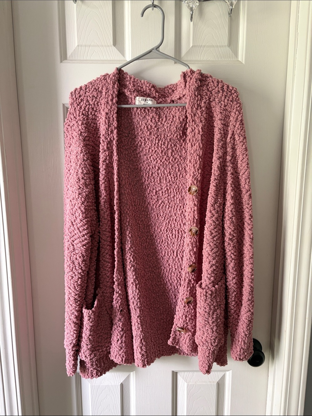 Zenana Outfitters Rose Pink Popcorn Knit Button Cardigan